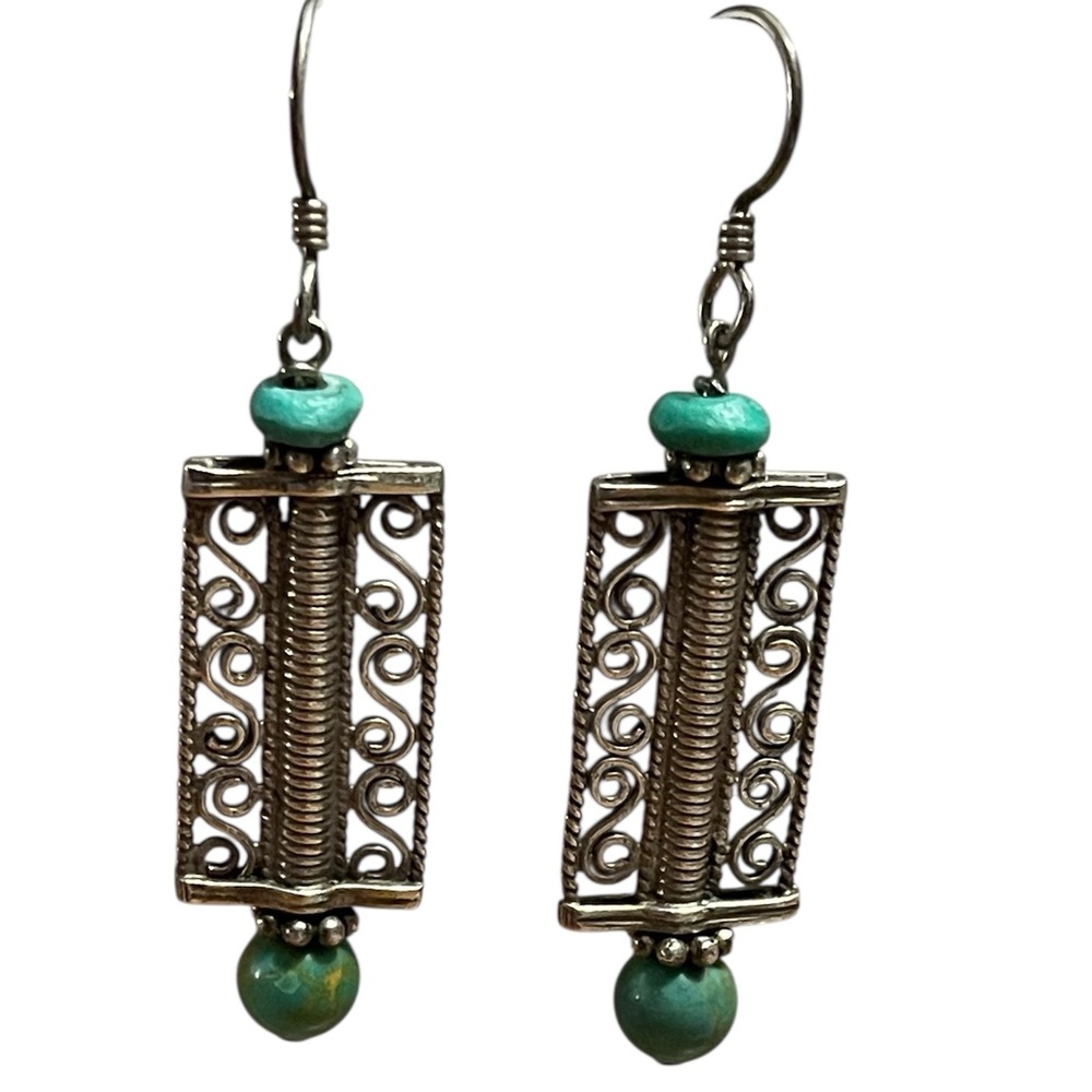 Art Deco Sterling Silver Filigree Earrings with Turquoise Accents – Vintage